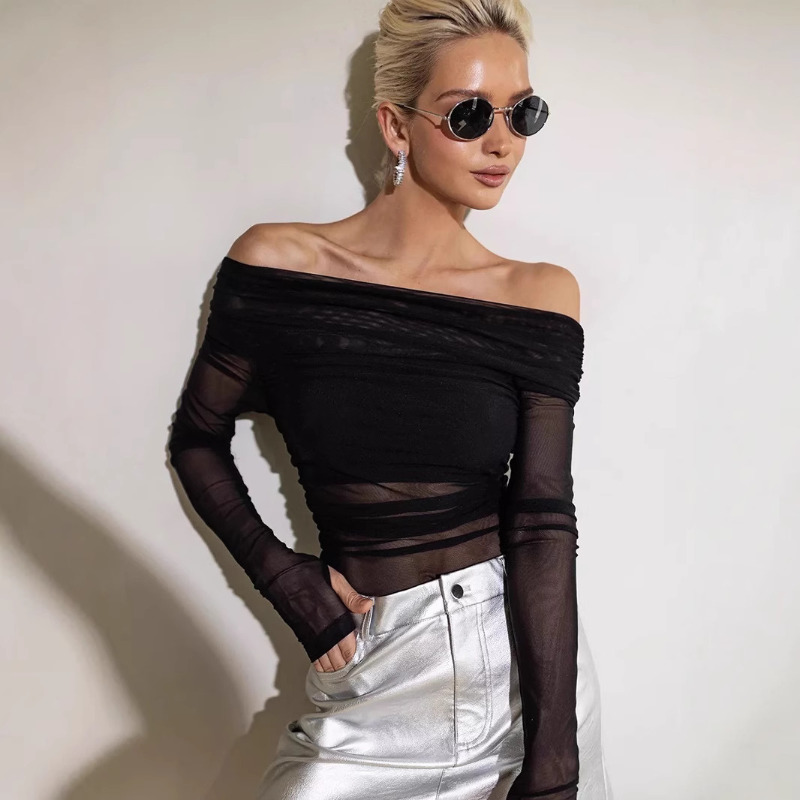 Women Fashion Outfits - Women Mesh Off Shoulder Top Sheer