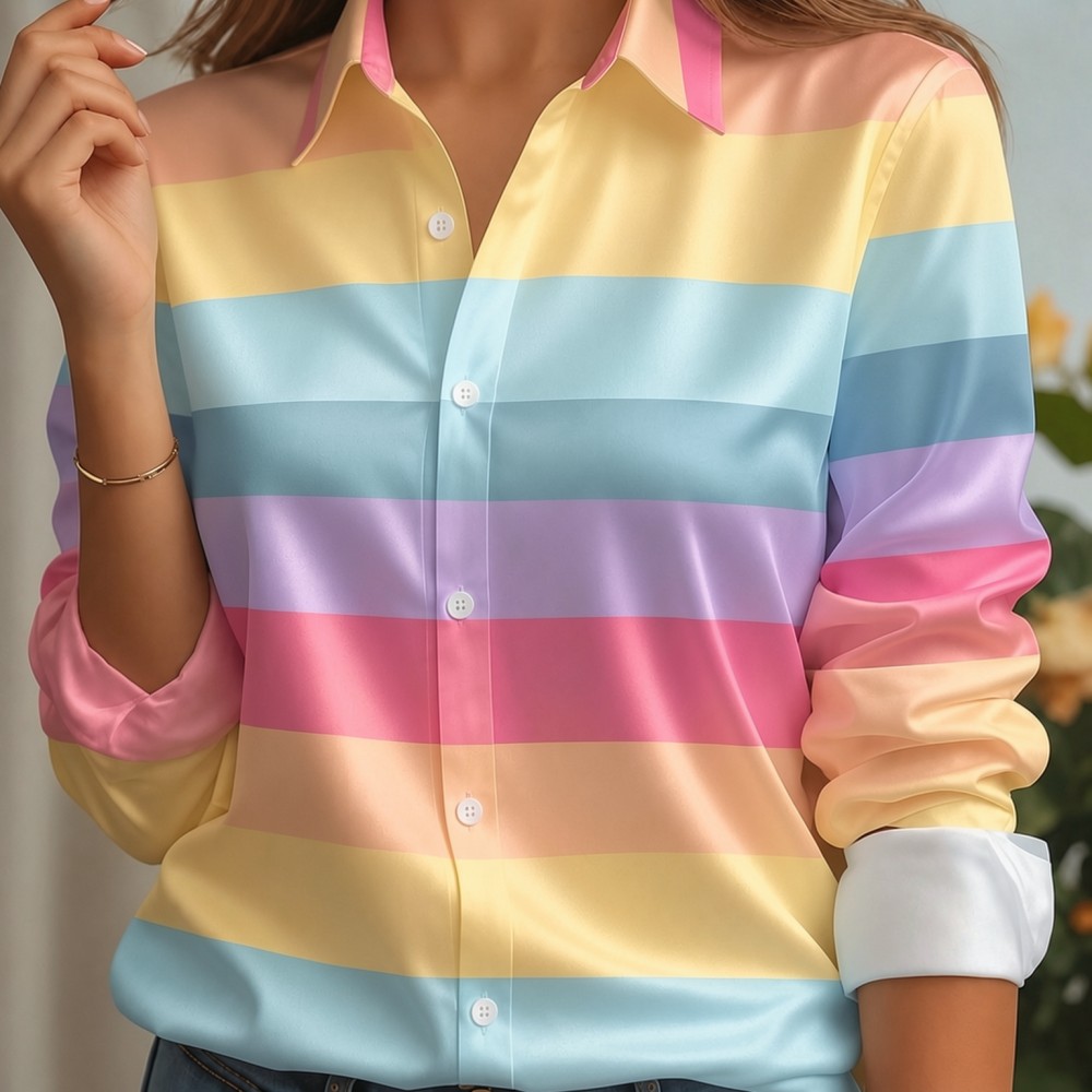 Women'S Fashion - Women Satin Lapel Collar Shirt Pastel