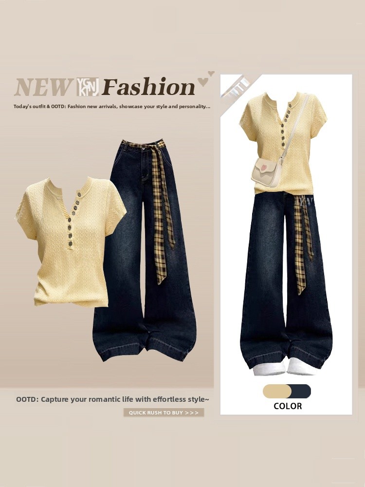 Women Fashion Jeans Top - Slimming Knitted Short Sleeve Top And