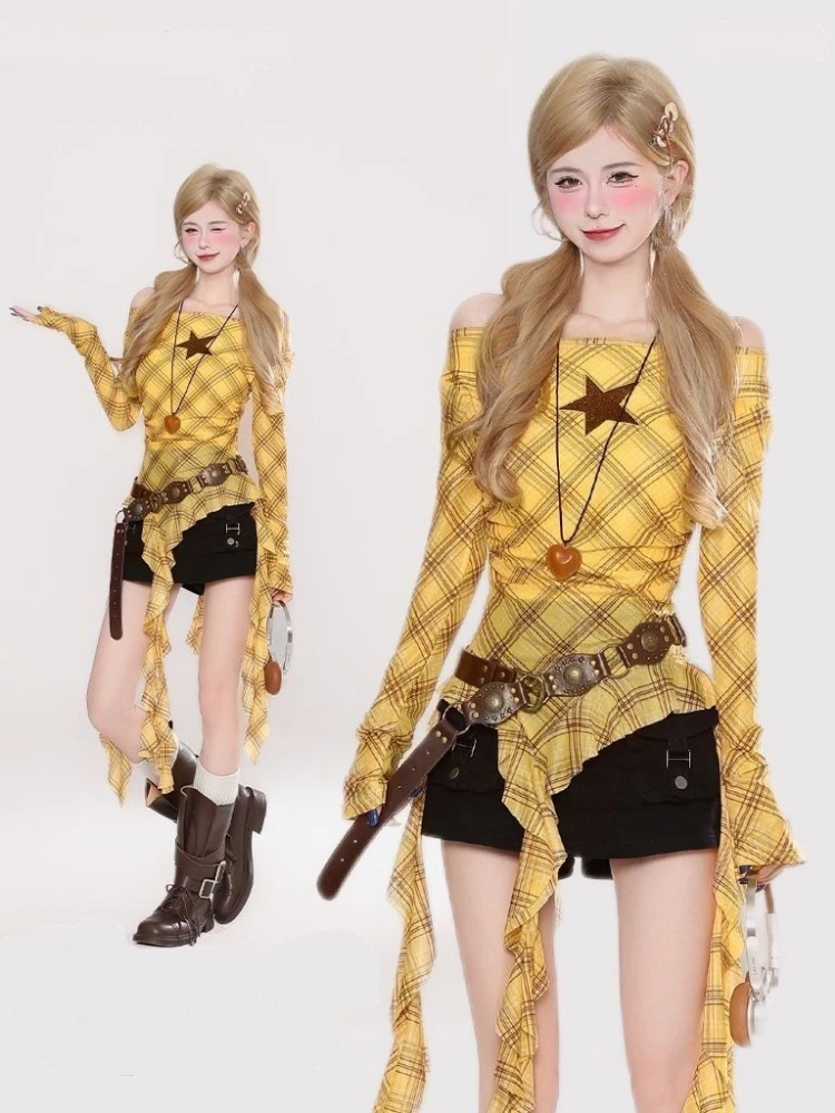 Y2K Plaid Slash Neck Vintage T - Women'S Fashion recensione e prezzo