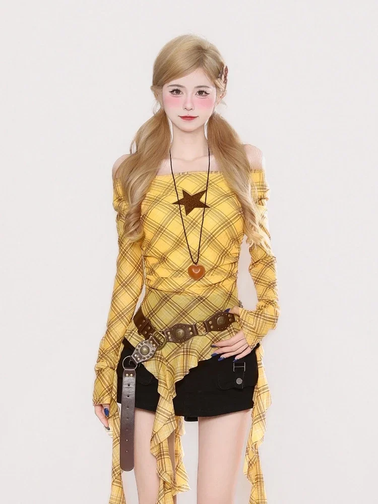 Y2K Plaid Slash Neck Vintage T - Women'S Fashion recensione e prezzo