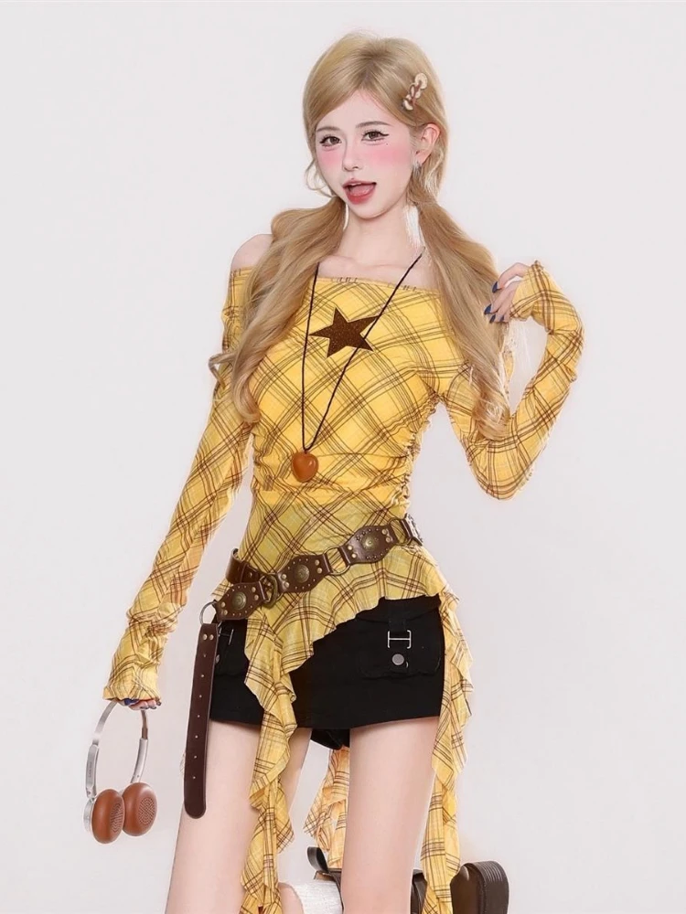 Y2K Plaid Slash Neck Vintage T - Women'S Fashion recensione e prezzo